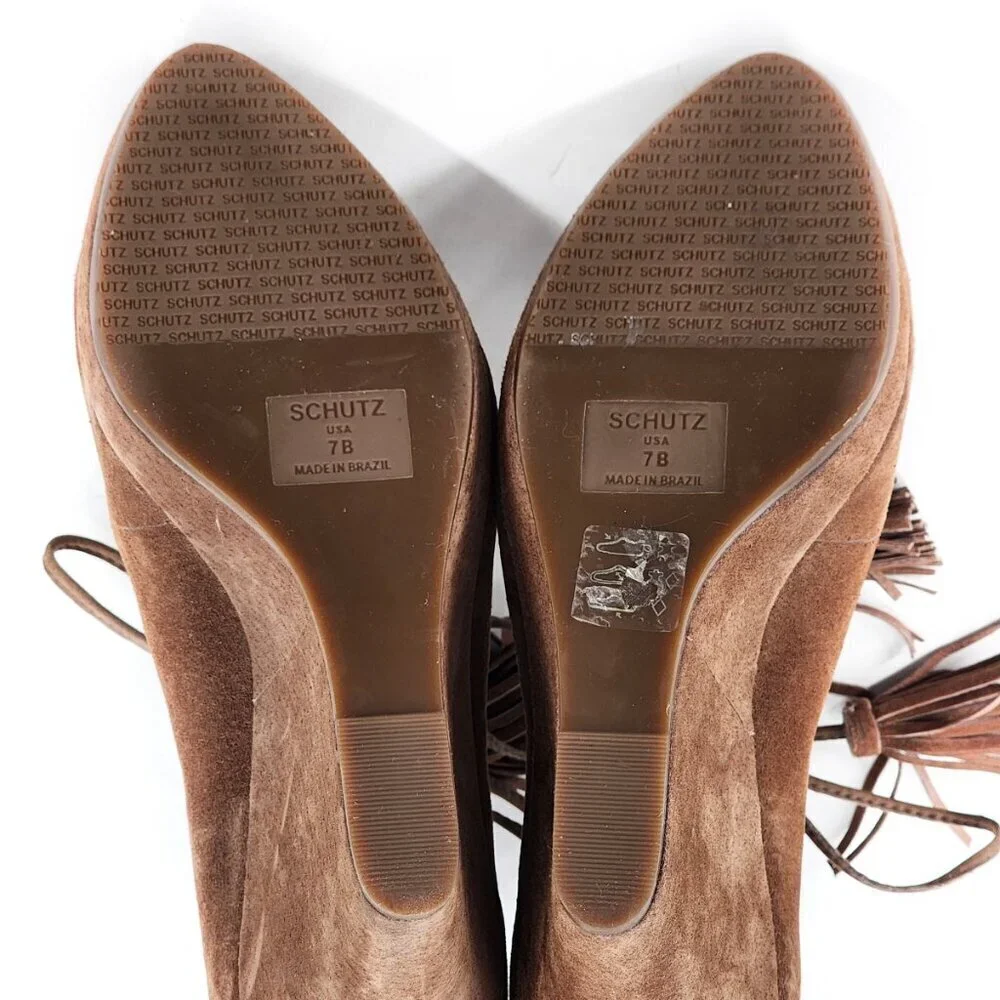 SCHUTZ Brown Suede Lace Up Wedge Heel Pumps With Tassels